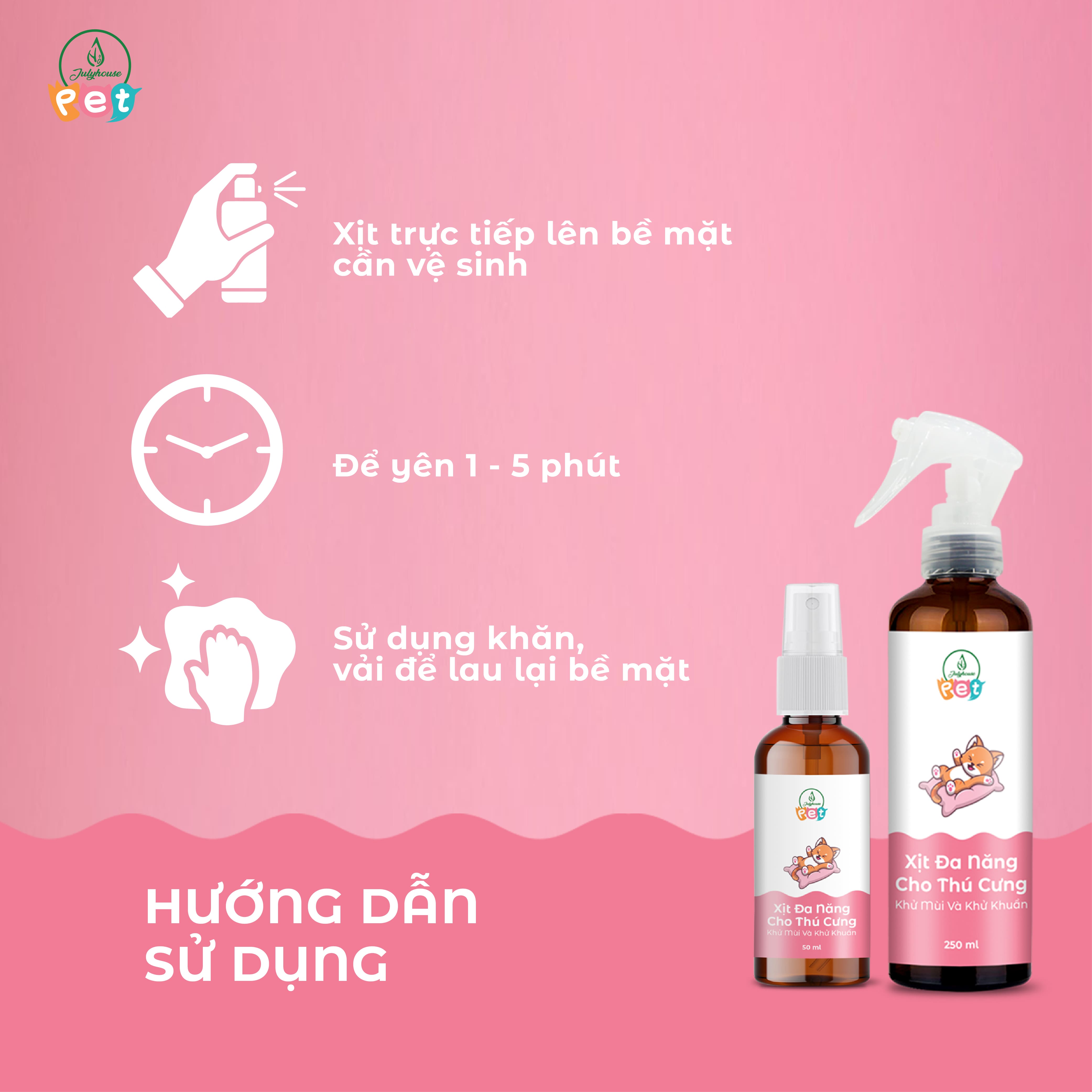 Nước lau sàn cấp tốc dạng xịt khử mùi và khử khuẩn cho chó mèo 50ml JULYHOUSE kết hợp tinh dầu Oải Hương, Khuynh Diệp, Sả Chanh