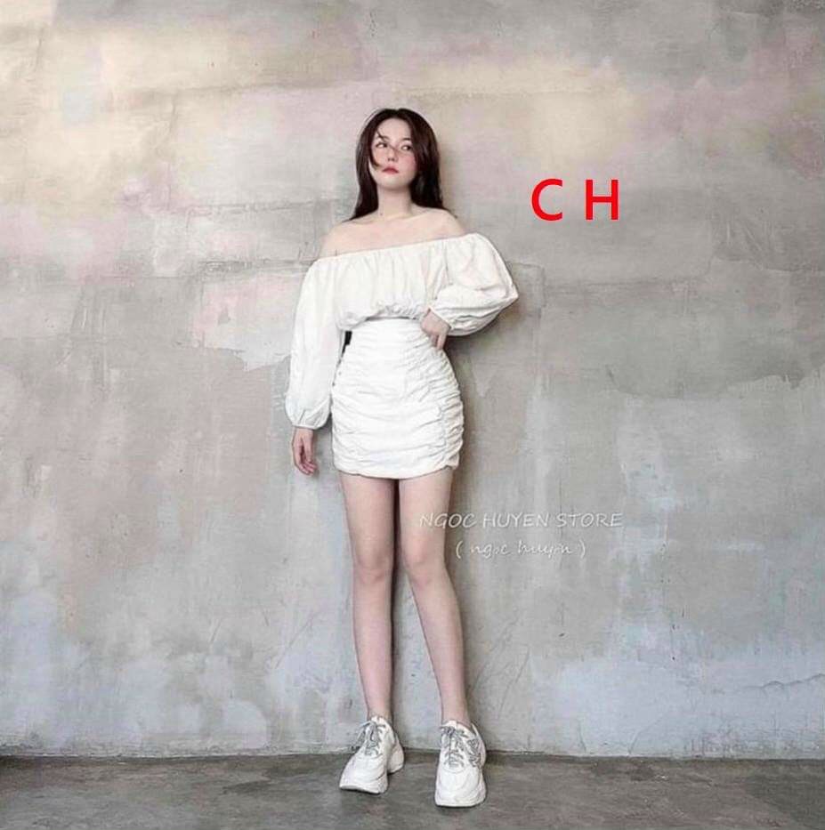 Sét áo bệt vai chun eo và chân váy nhún sang chảnh