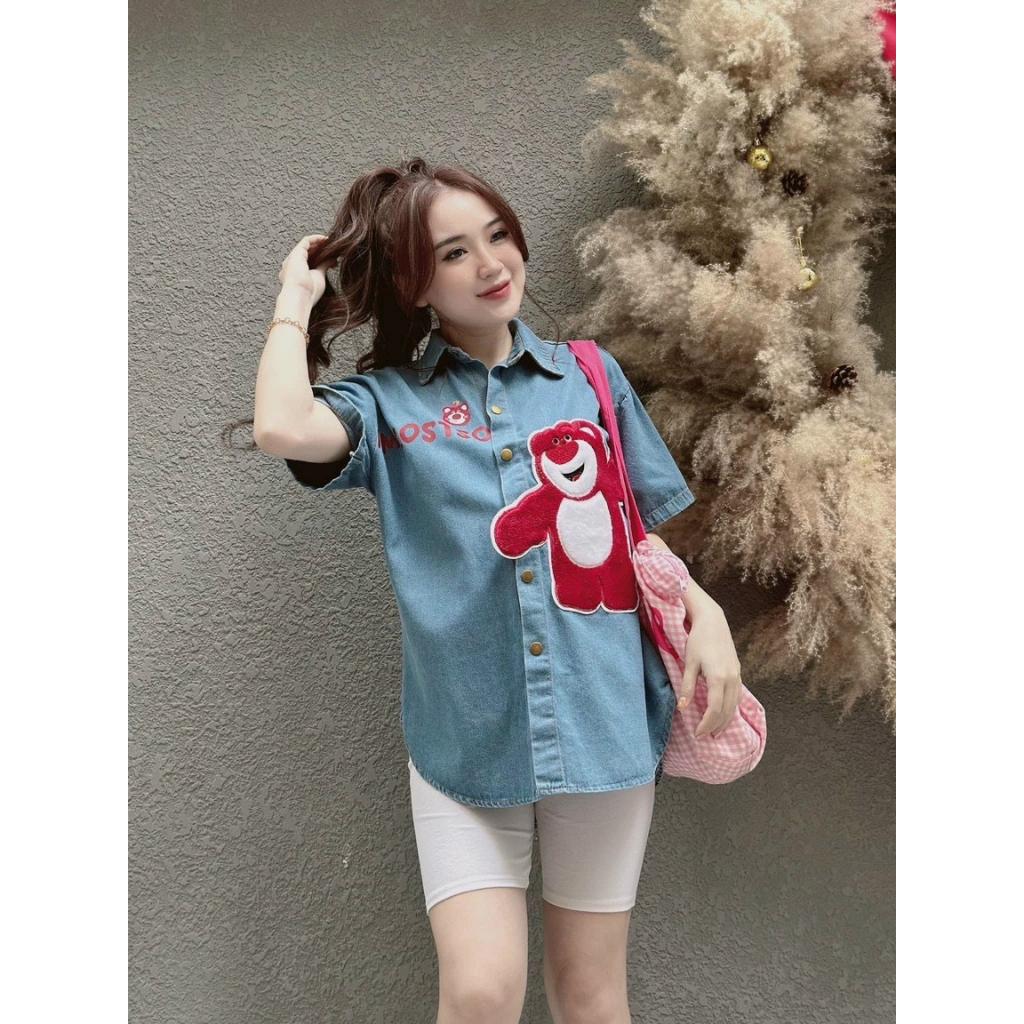 Áo sơ mi Jean Bigsize gấu thêu đỏ (60-90Kg) MN18
