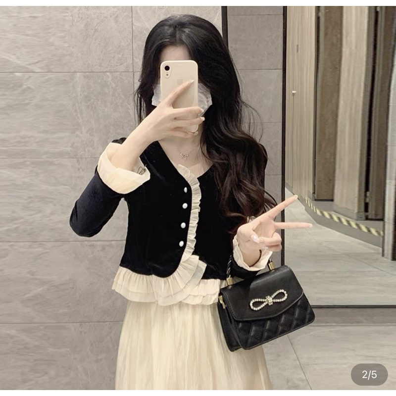Set Áo Nhung Đen Mix Chân Váy Tơ 2 Lớp