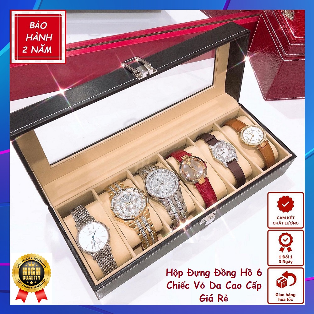 Hộp Đựng Đồng Hồ 6 Ngăn Vỏ Da Có Nắp Kính Chống Bụi Cao Cấp