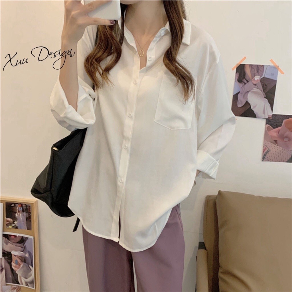 (Ảnh thật shop) Áo sơ mi trắng túi hộp, Áo sơ mi trắng Basic unisex dễ phối đồ