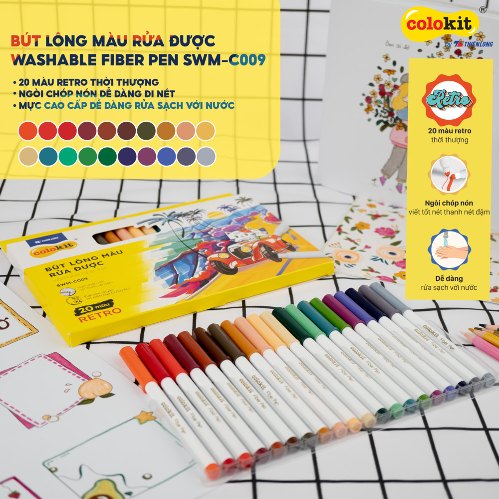 Bộ 20 màu fiber pen SWM-C009 Retro bút lông rửa được Thiên Long, bút màu trang trí sổ tay, planner, calligraphy, bullet journal...
