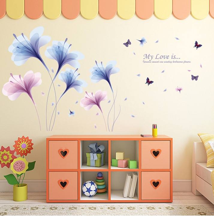 DECAL DÁN TƯỜNG COMBO HOA XANH TÍM MỎNG