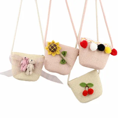 CUWEE Children Beach Bag Toddler Flower Rattan Weave Bag Straw Bag Shoulder Bag Handbag