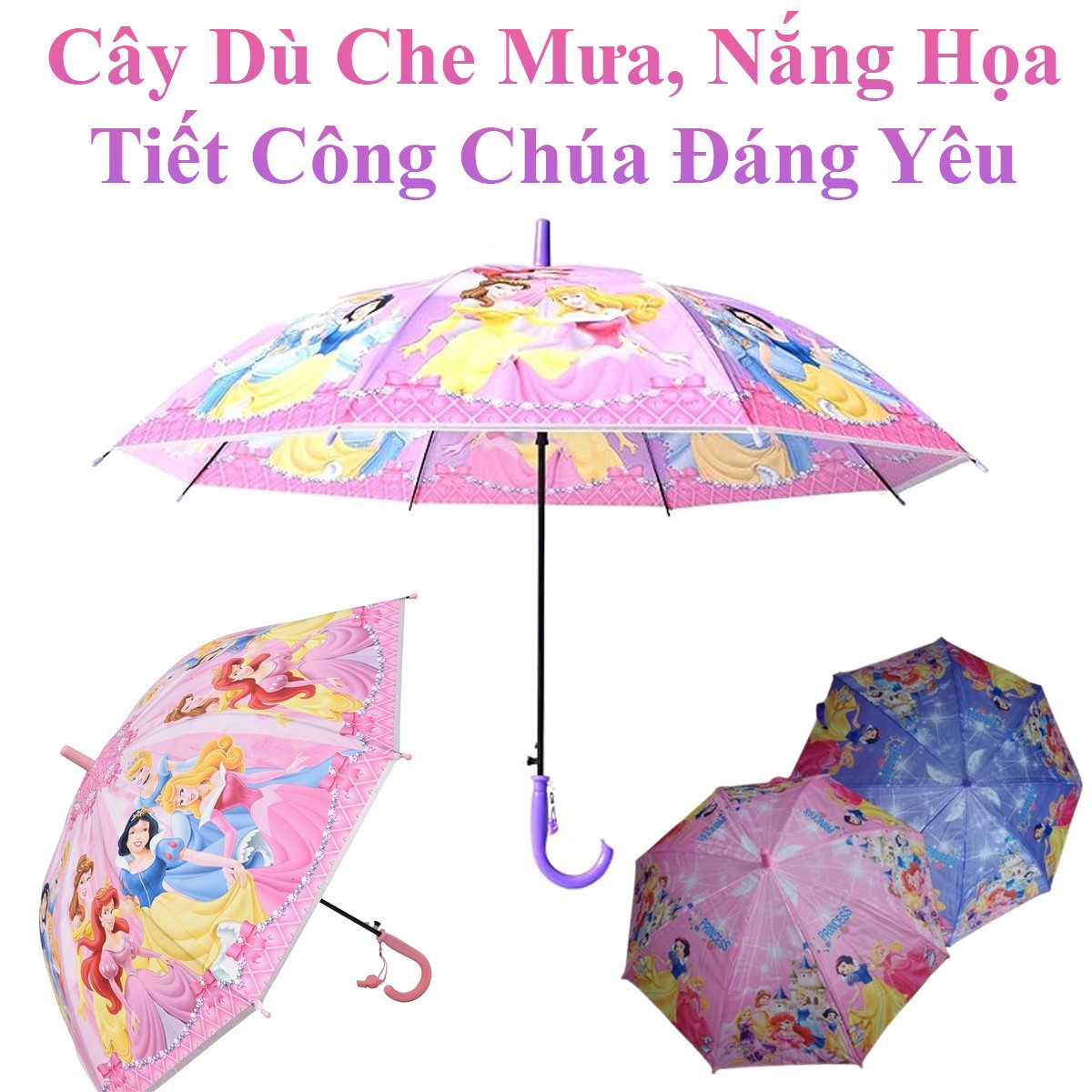 Cây Dù Che Mưa, Nắng Cho Trẻ Họa Tiết Công Chúa Trẻ Trung, Dễ Thương