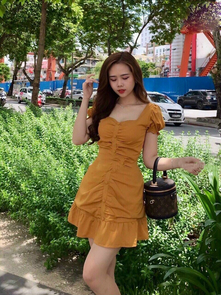 Đầm dự tiệc xếp ly nút đính đẹp chất liệu thun umi