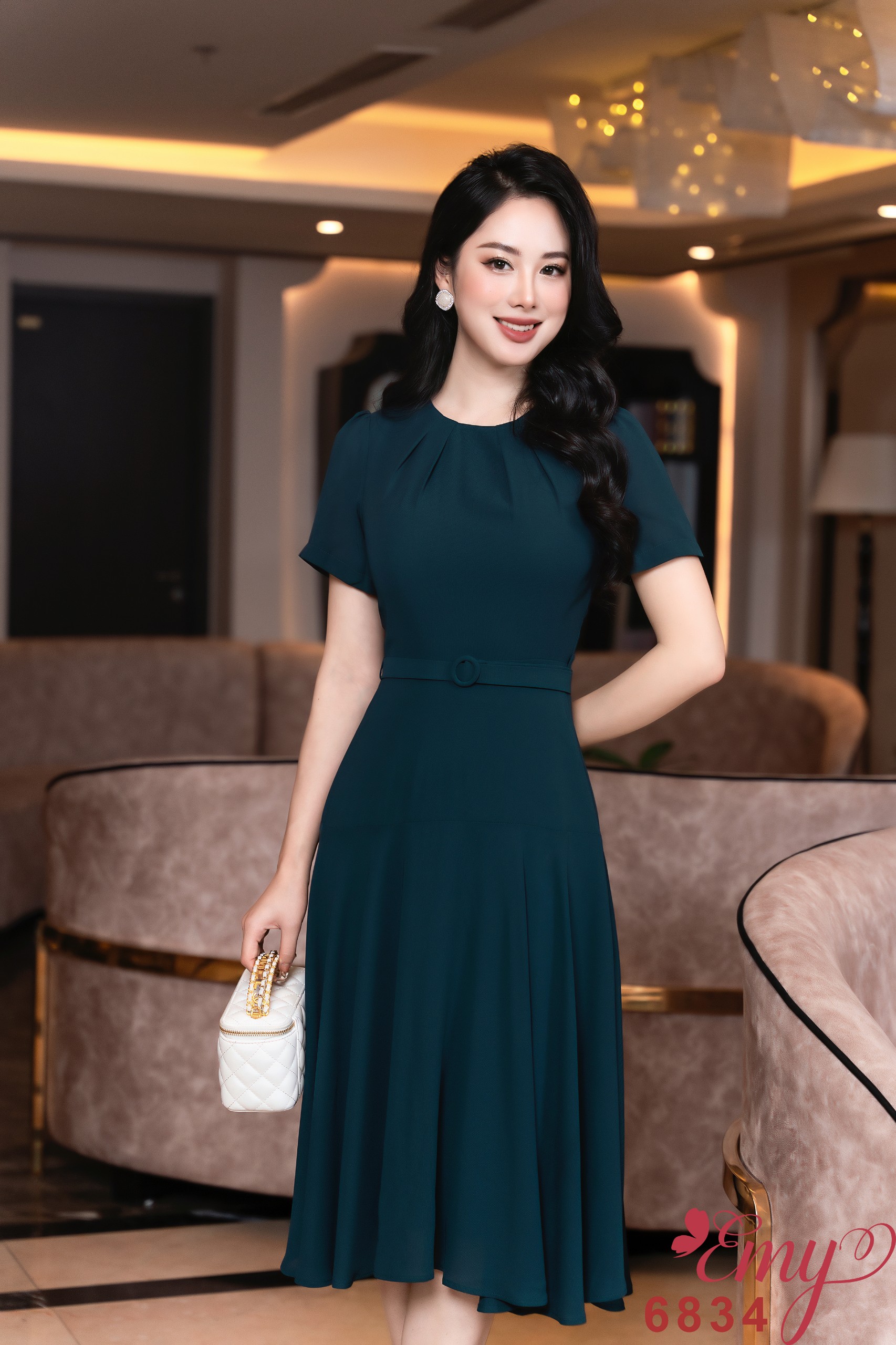 Đầm EMY EM6834 Xoè Xanh Cổ Tròn