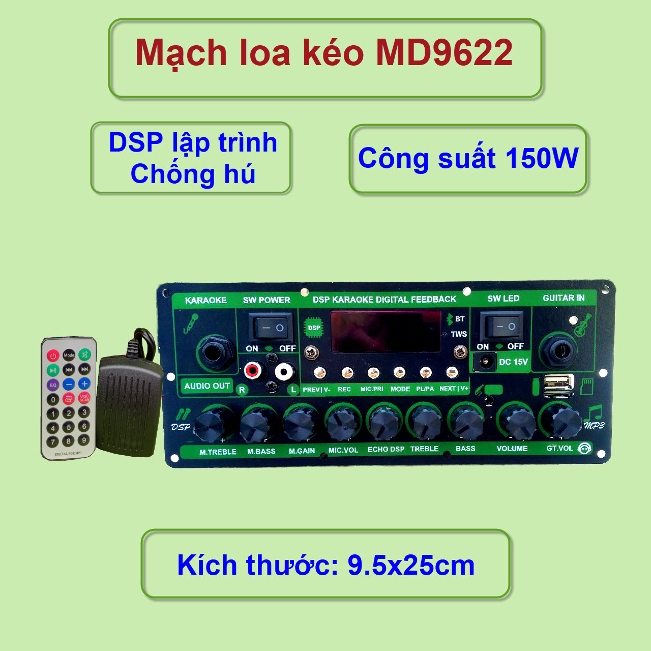 Mạch loa kéo MD9840 150W LIVESTREAM DSP Lập Trình Chống Hú Mẫu Mới 2023 Có Chỉnh BASS TREBLE MIC