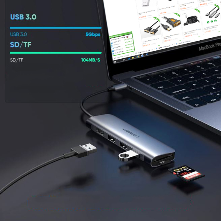 Cáp Usb Type C sang HDMI-USB-Đọc thẻ TF-CF Ugreen 70410
