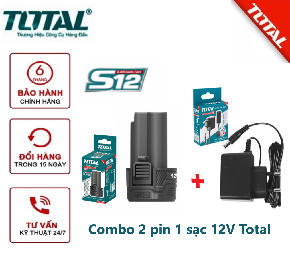 Combo 2 pin 1 sạc 12V Lithium TOTAL (TBLI12152) (TCLI12071)
