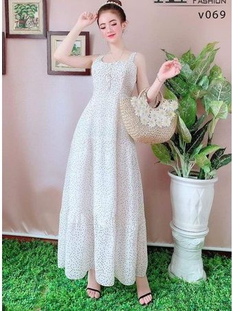 Đầm maxi chấm bi hai dây kết nút nhiều màu