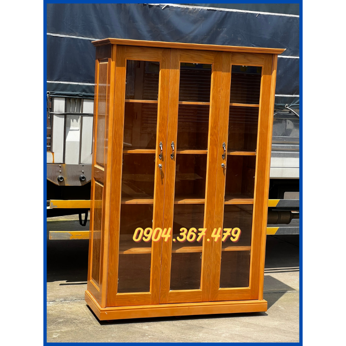 Tủ hồ sơ gỗ sồi cao cấp - tủ hồ sơ 3 cửa kính 1m8x1m2 gỗ sồi nâu cánh gián