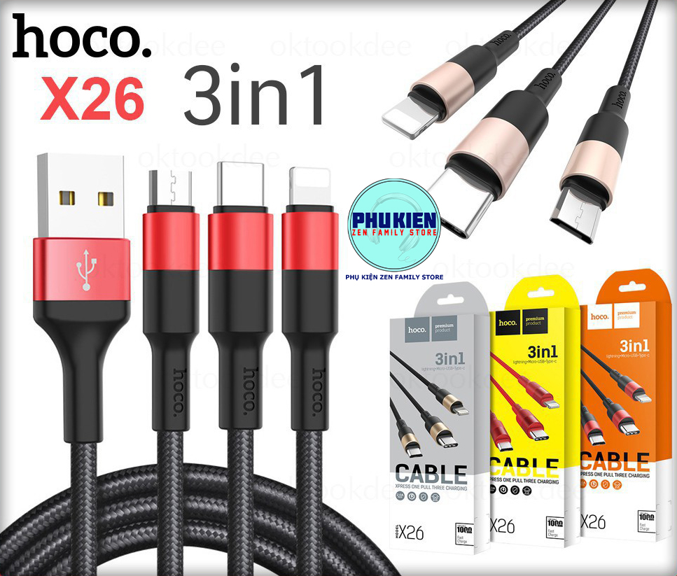Cáp Sạc Đa Năng 3 Đầu Hoco X26 Dòng 2A Ligting Micro Type C Iphone Android