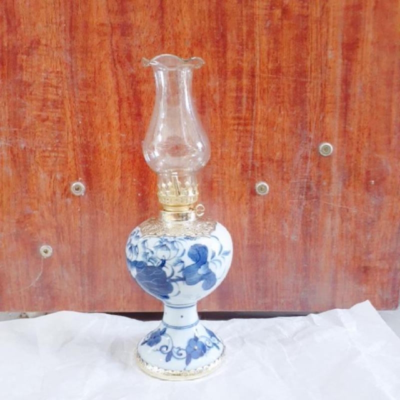 ĐÈN DẦU THỜ MEN LAM CỔ BỌC ĐỒNG VẼ HOA SEN BÁT TRÀNG