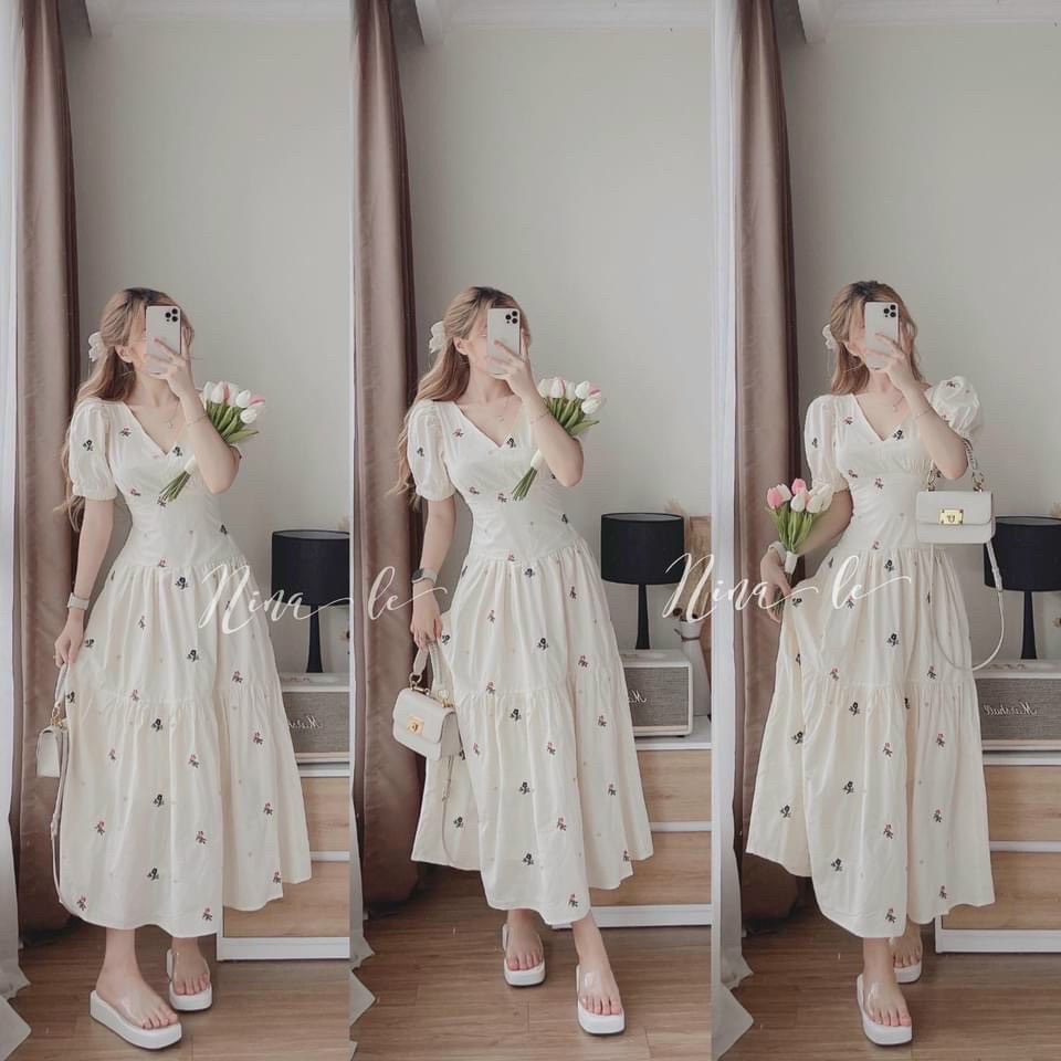 Đầm maxi dài cột dây lưng đi biển, maxi cổ V tay phồng, Đầm maxi xoè tầng Chất liệu lụa 2 lớp đi biển siêu xinh, maxi hoa chiết éo tôn dáng hottreend