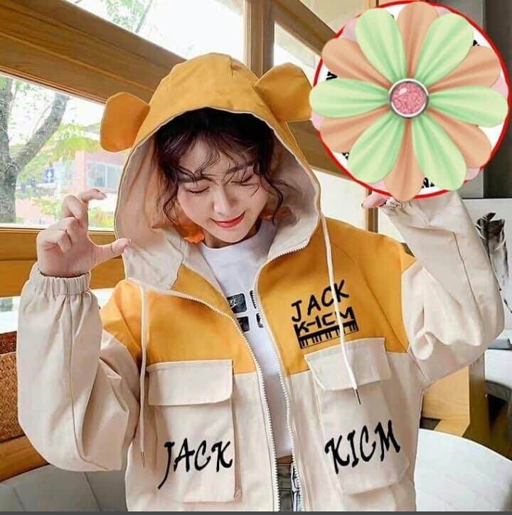 áo khoác dù JACK K-ICM áo tai thỏ kicm phối màu dễ thương 2 túi cá tính