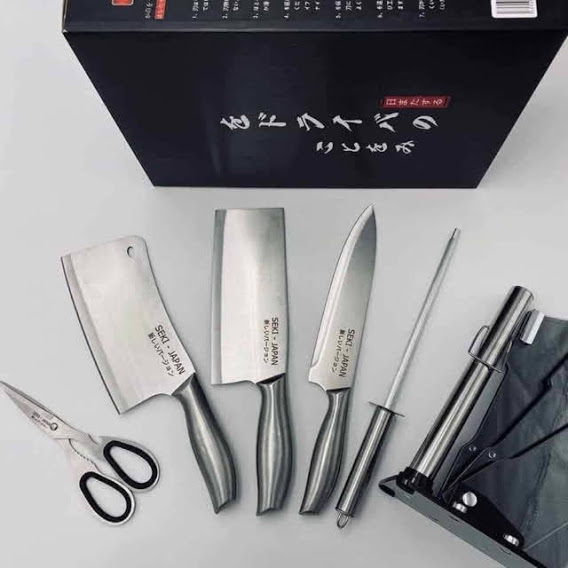 Bộ dao nhật inox 6 món hàng chuẩn khắc chữ hàng cao cấp kèm khay đựng