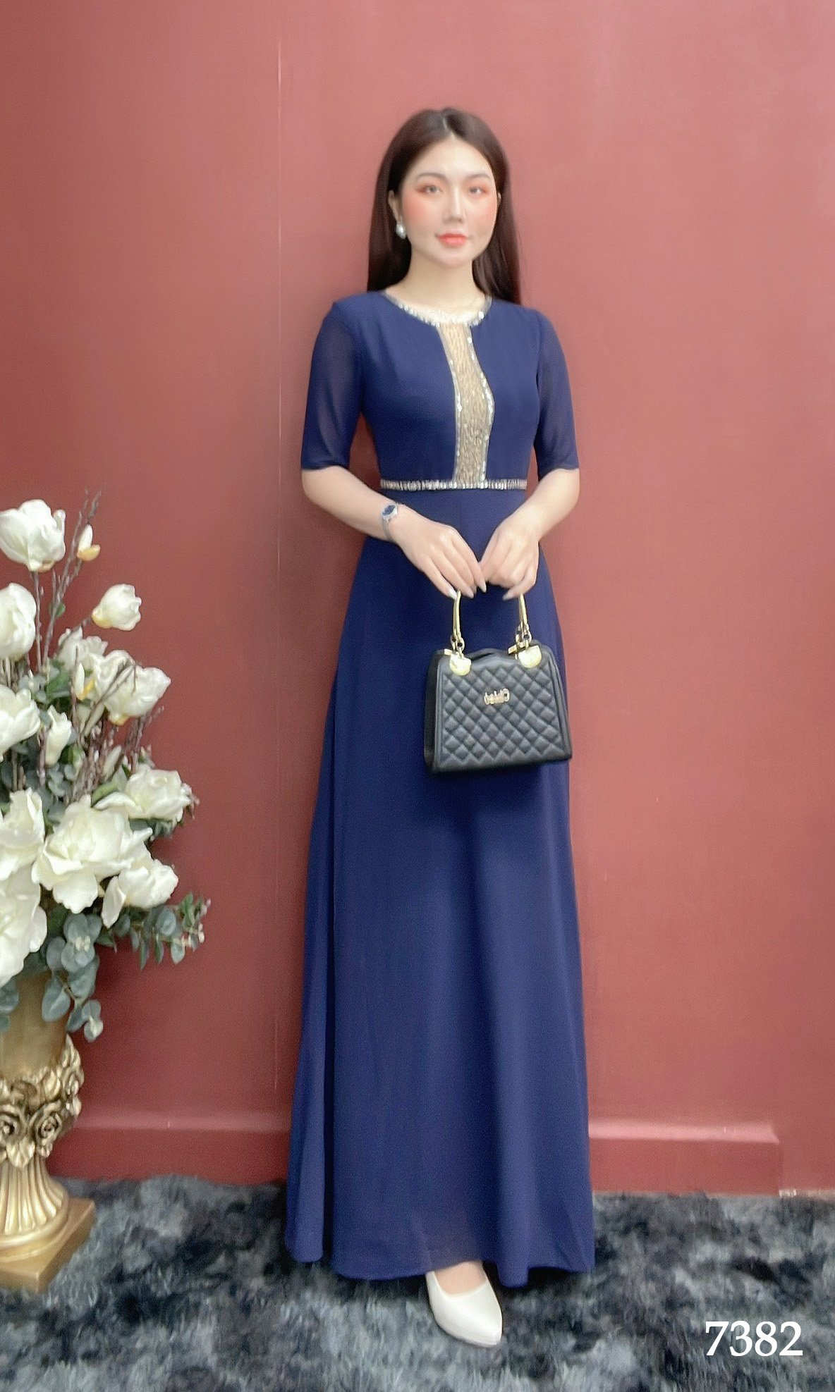 Đầm Dạ Hội EMY EM7382 Xanh Đen Kết Hạt