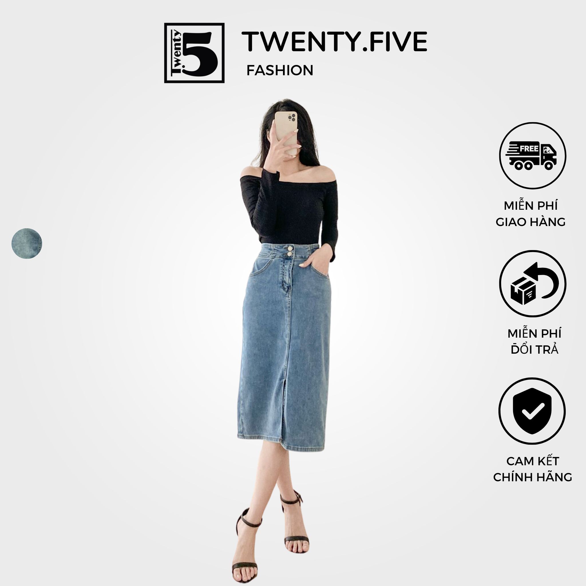 Chân váy jeans dáng midi dài qua gối, xẻ trước, cúc đôi twentyfive 4091