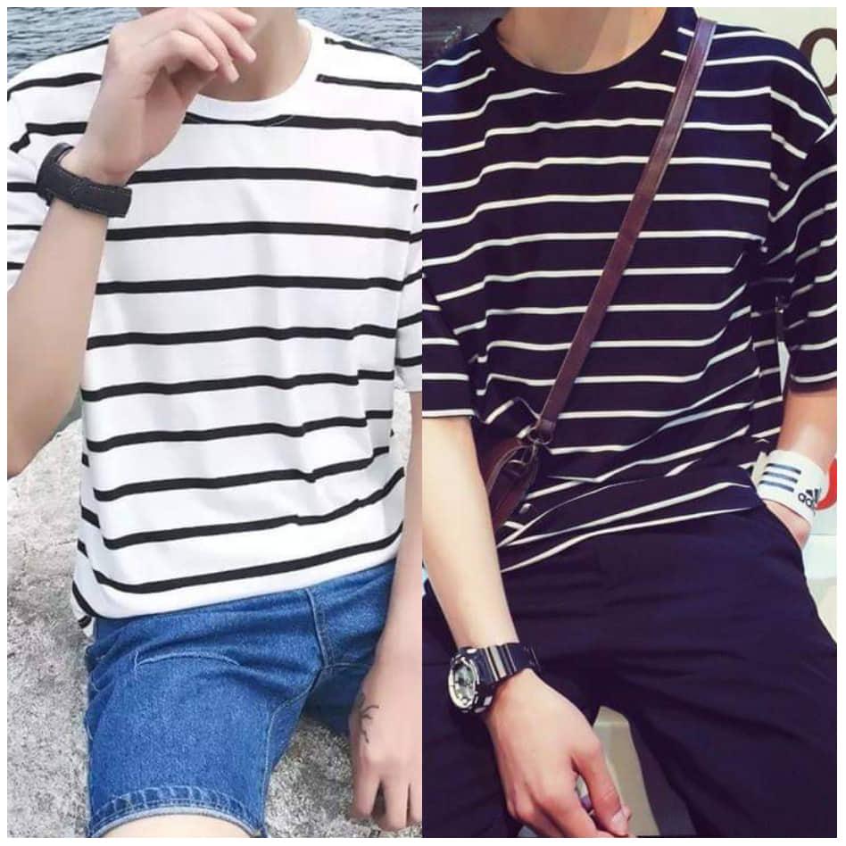 [HCM]Combo 2 áo thun nam nữ tay lỡ kẻ ngang vải dày mịn( đen/ trắng )