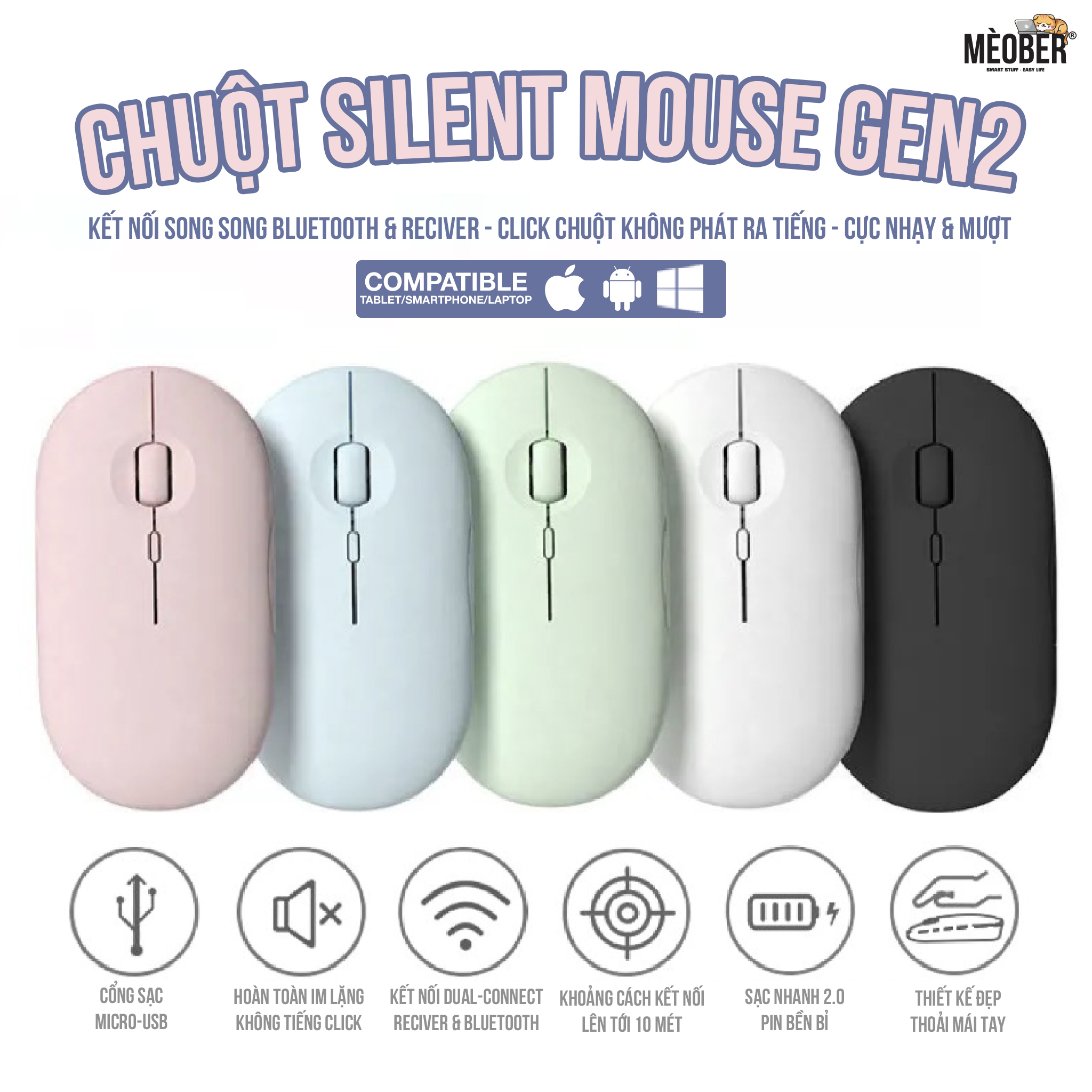 Chuột không dây Bluetooth Silent Mouse Gen2 - Nhỏ Gọn, Tối Giản, Pin Sạc Cao cấp (Black/White/Pink/Mint/Blue)