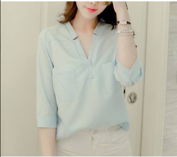 Áo sơ mi nữ công sở cổ V tay lửng 2 túi