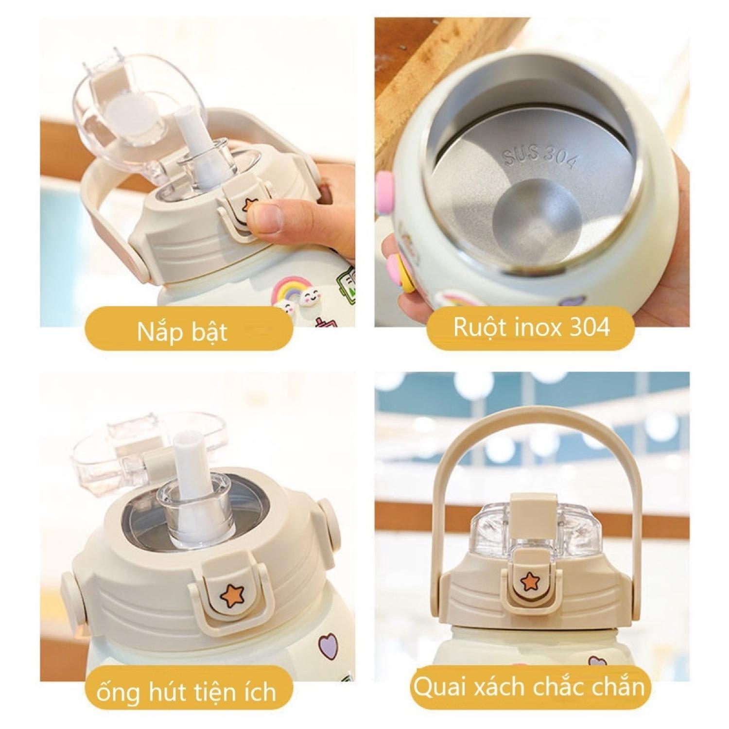 Bình nước giữ nhiệt siêu dễ thương chất liệu inox 304 có ống hút và nắp đậy chắc chắn gồm cả quai xách tay mang nước đi học đi làm