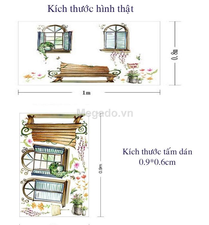decal dán tường khung cửa sổ ghế đá xưa