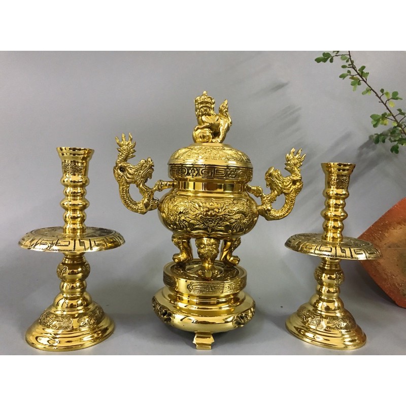 Bộ đỉnh thờ lư thờ bằng đồng cao 25cm đỉnh hạc nến đồ thờ bằng đồng