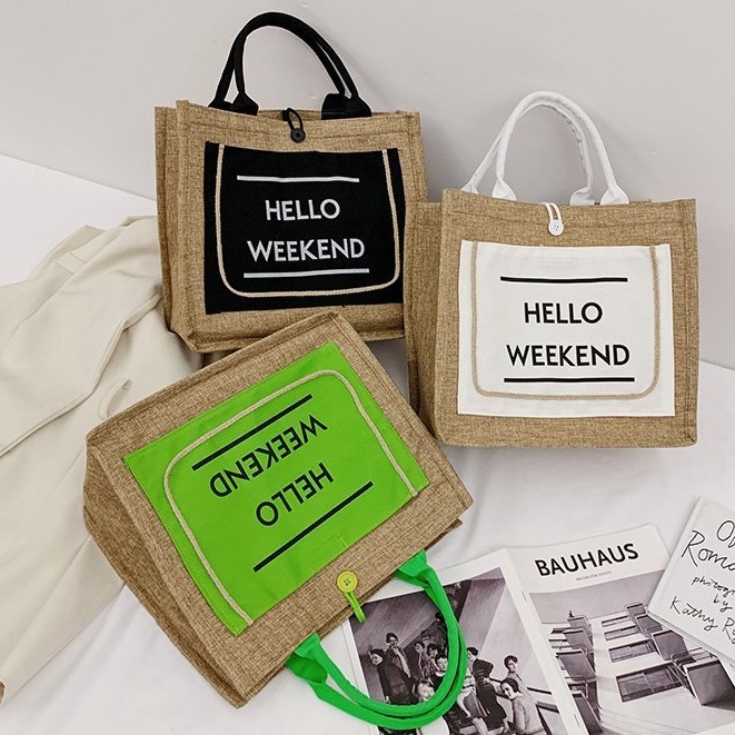 Túi cói hello weekend hàng đẹp dày dặn