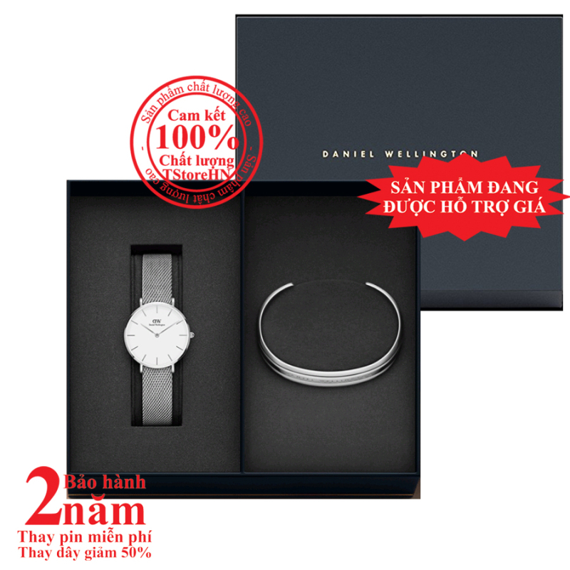 [NEW] Hộp quà đồng hồ nữ DW Classic Petite Sterling 32mm (Mặt trắng) + Vòng tay DW Bracelet - màu bạc (Silver)- DW00500432