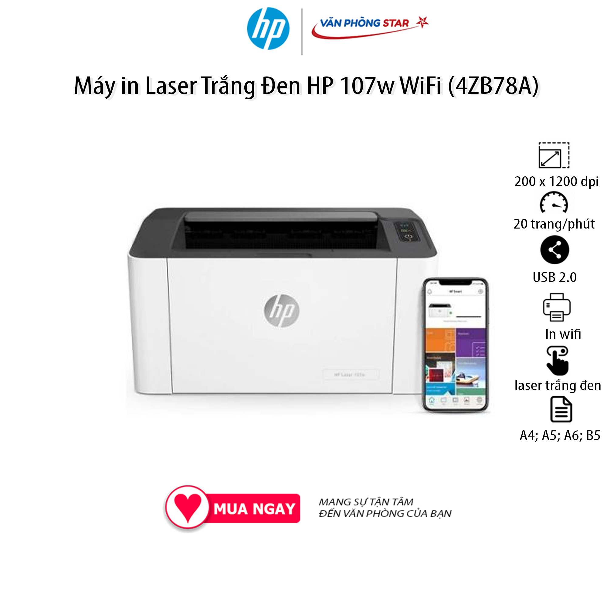 Máy in HP 107W chính hãng mới 100%, in 20trang/phút, công nghệ in laser, máy in wifi từ thiết bị di động. Độ phân giải 1200 x 1200 dpi