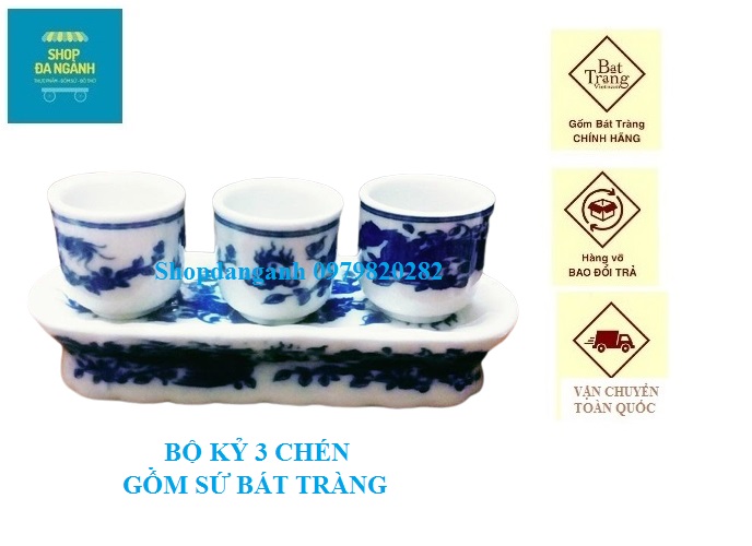 Bộ kỷ ban thờ 3 chén loại thẳng, gốm sứ Bát Tràng