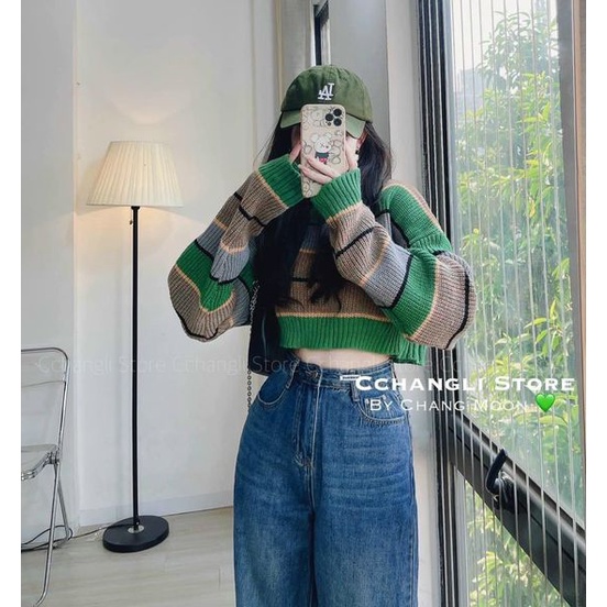 Áo len kẻ xanh croptop hót hít 12(kèm ảnh thật và video)