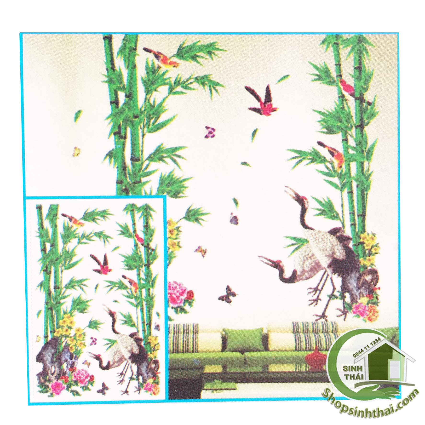 [HCM]Tấm decal dán tường dán kính cây tre cây trúc và chim hạc 55cm x 80cm
