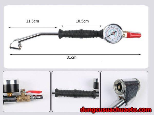 Tay bơm lốp cong, 2 đầu, có đồng hồ
