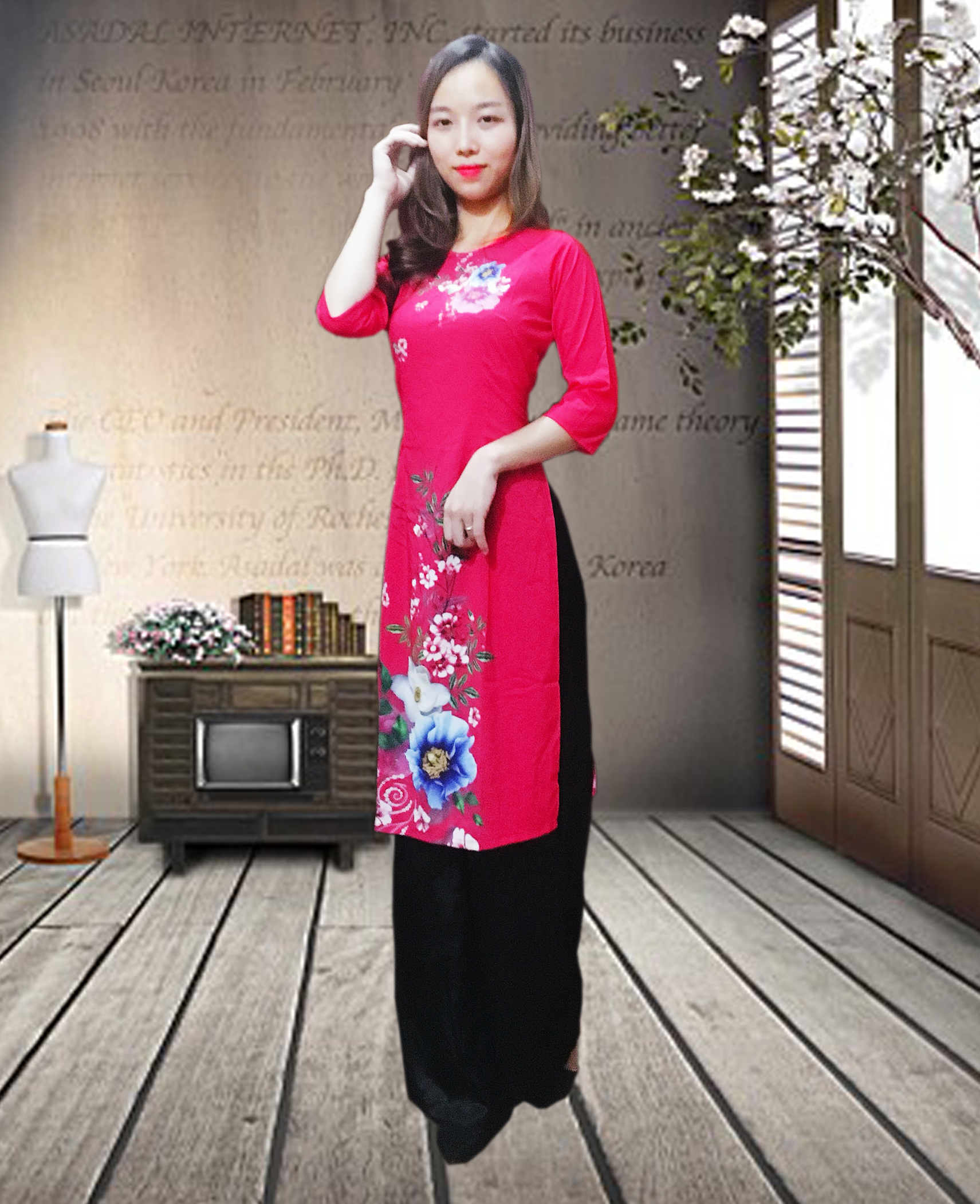 áo dài cách tân lụa hàn in 3D hoa hồng may sẵn, áo dài tay nữ