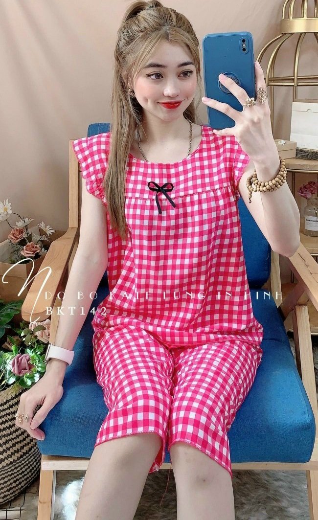 Đồ bộ mặc nhà kate lụa caro dễ thương