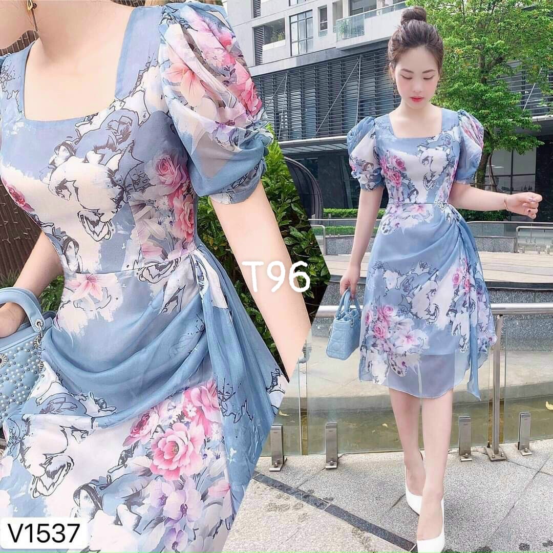 [HCM]Đầm lụa hoa dáng xoè tay phồng