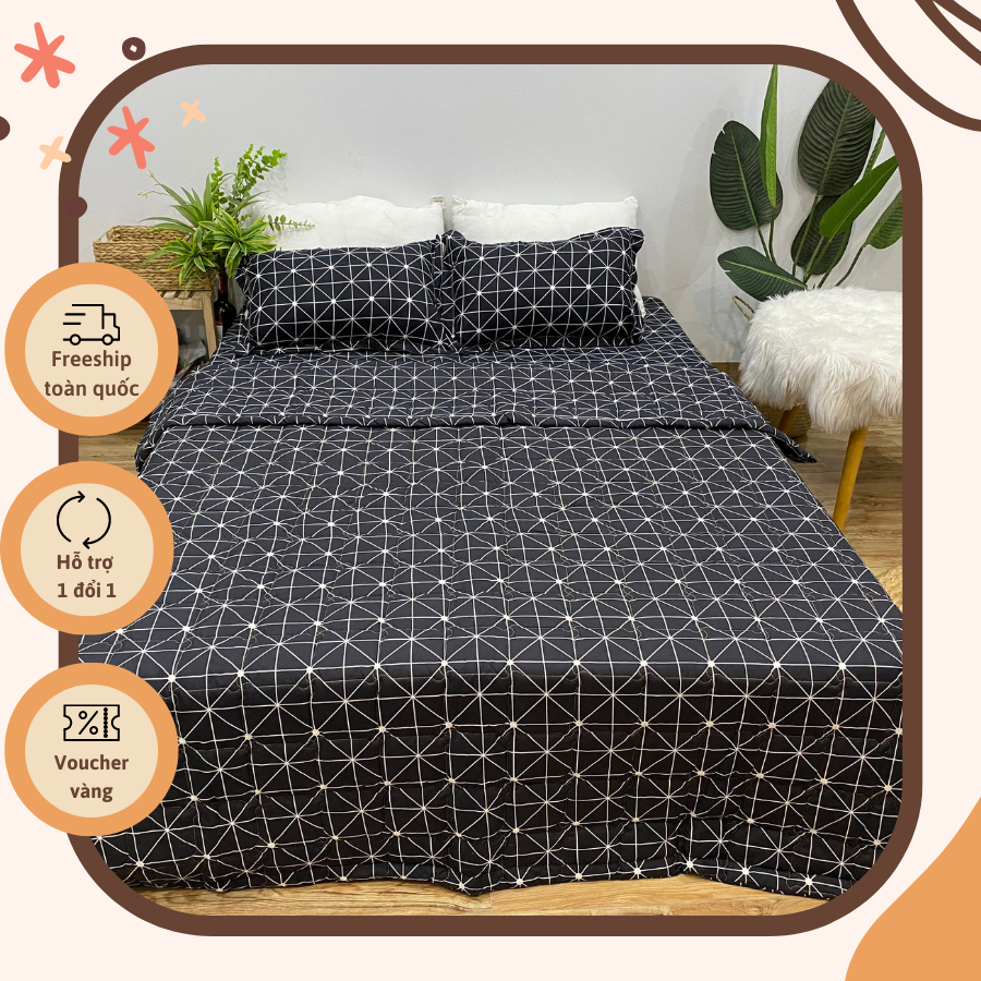 Bộ Chăn Ga Gối Hè Thu 5 Món Mẫu KẺ Ô VUÔNG ĐEN CHM16 gồm: 1 chăn Hè, 1 ga bo chun, 2 vỏ gối nằm và TẶNG 1 vỏ gối ôm họa tiết CÁ TÍNH, chất Cotton Poly không nhăn, không nhàu, thấm hút mồ hôi tốt