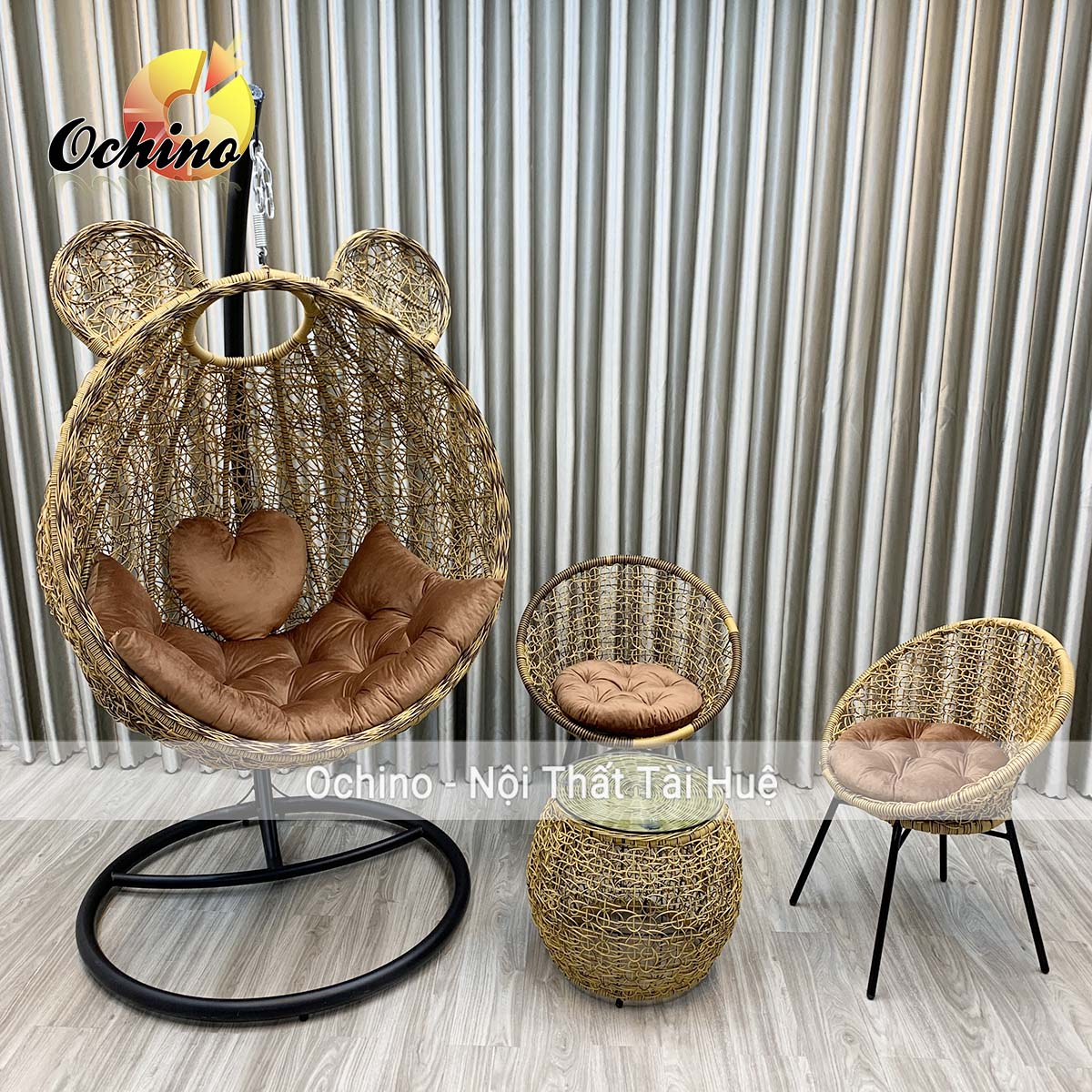 Bộ xích đu tai thỏ màu hồng để sân vườn, phòng khách, ban công xinh màu hồng