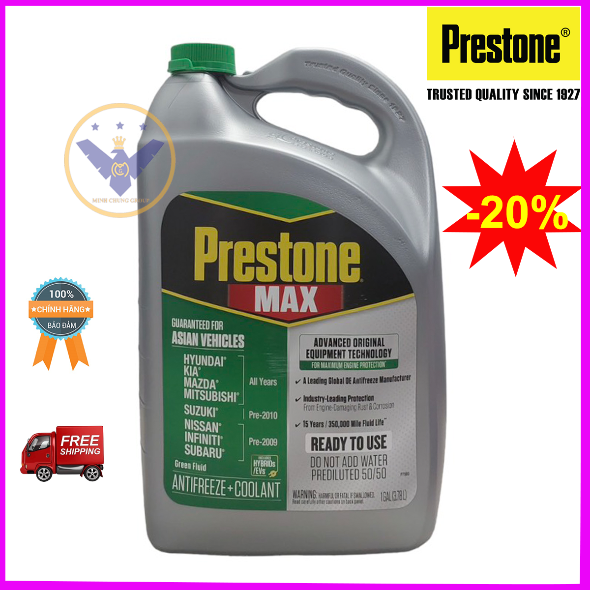Dung dịch làm mát động cơ ô tô (màu xanh lá cây) Prestone can 3.78L