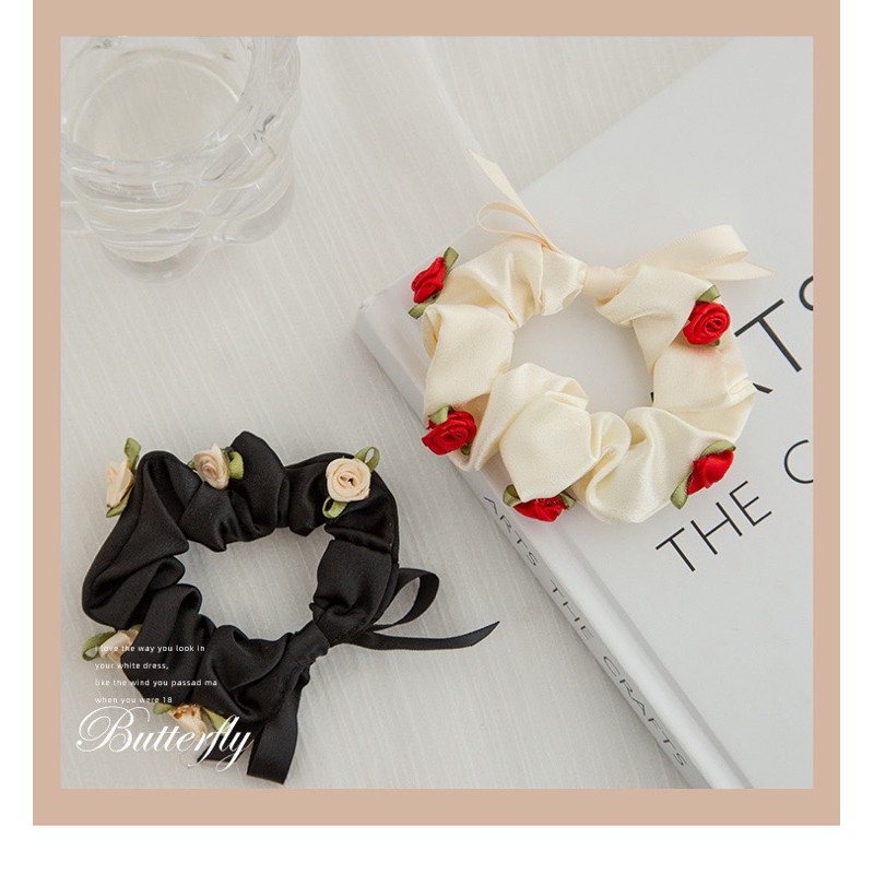Scrunchies cột tóc lụa đính nơ và hoa hồng