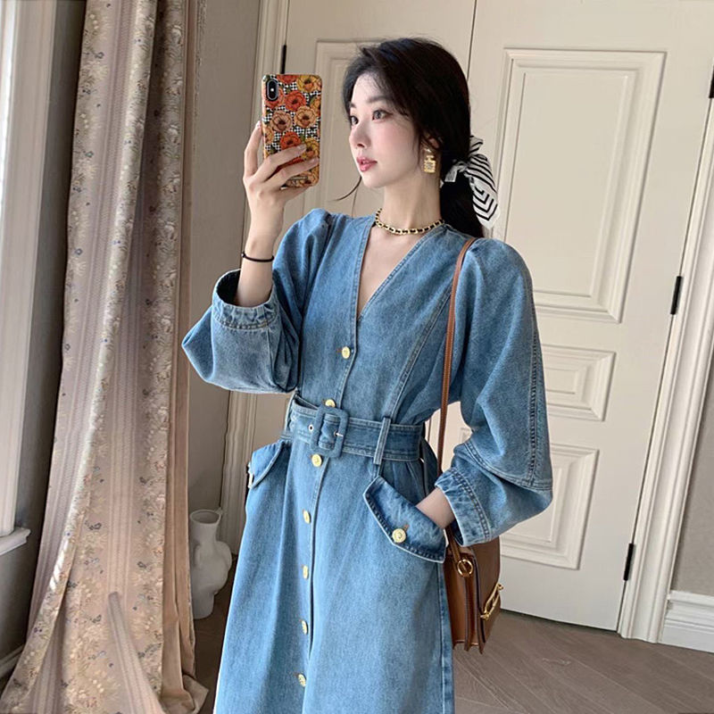 Đầm denim dài tay thời trang nữ 2024 đầm denim nữ cao cấp khí chất mới