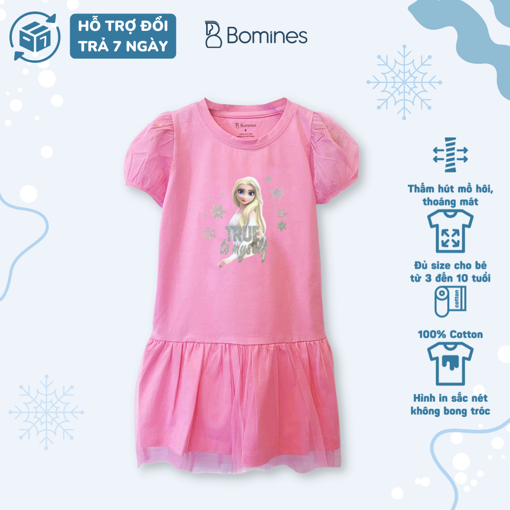 Váy cho bé gái Elsa BOMINES, Đầm Elsa vải cotton thoáng mát cho bé từ 10kg đến 28kg
