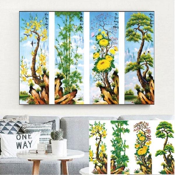 tranh thêu chữ thập 3D Tứ Quý Xuân Hạ Thu Đông LV3026 (125x85cm) chưa thêu