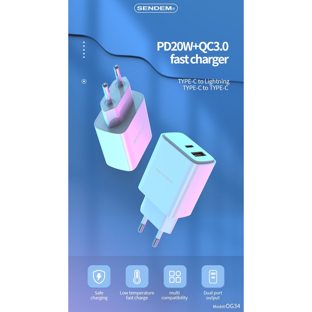 Củ sạc nhanh 2 cổng Sendem OG34 chuẩn Châu Âu PD20W