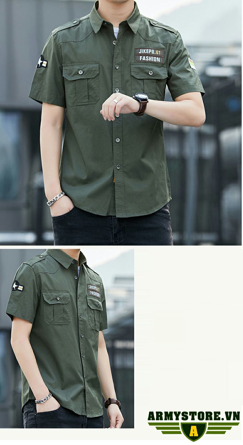 [HCM]Áo sơ mi nam cộc tay phong cách lính ARM-978 (Xanh Lính)