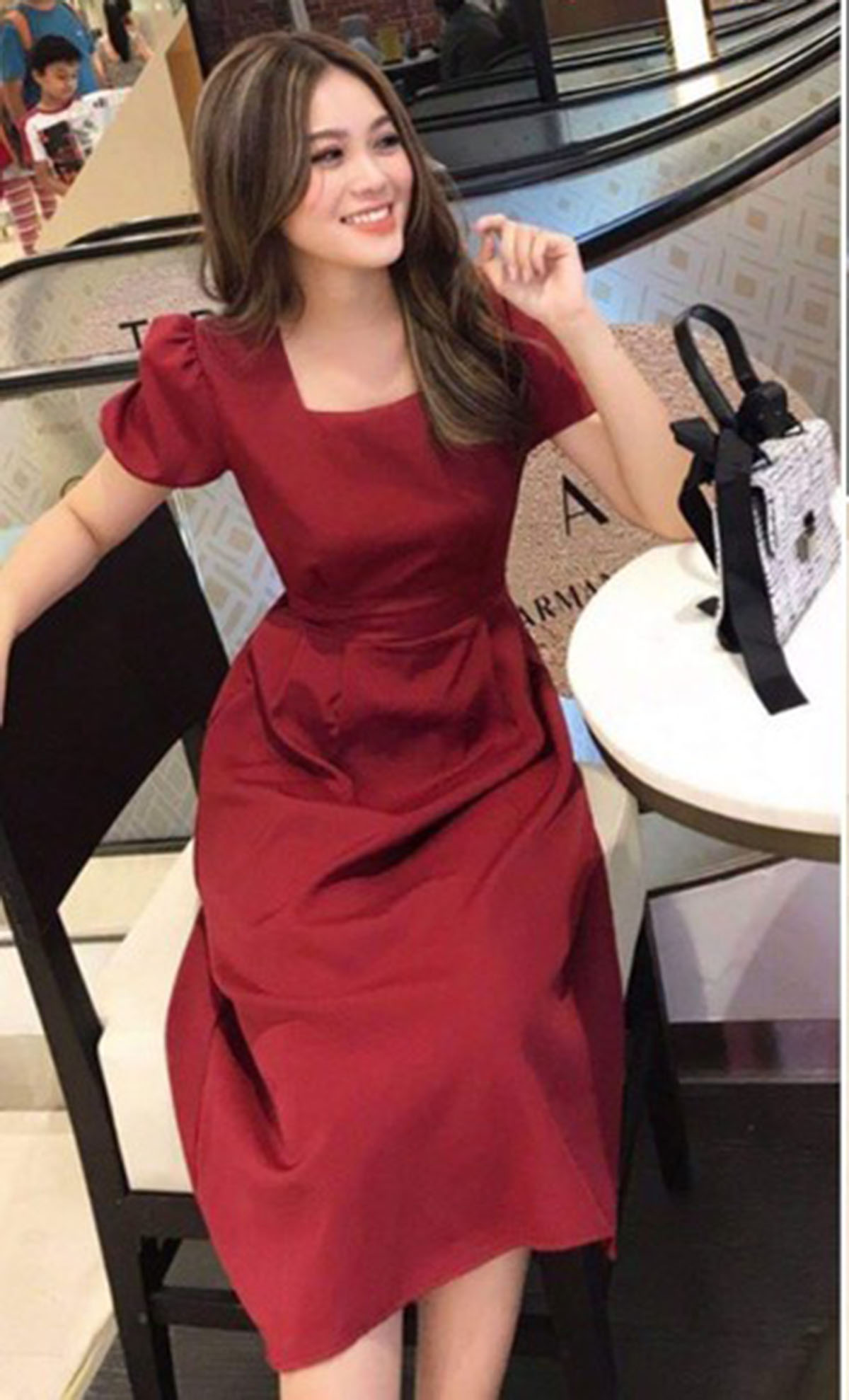 [HCM]Đầm cổ vuông tay phồng thắt nơ eo